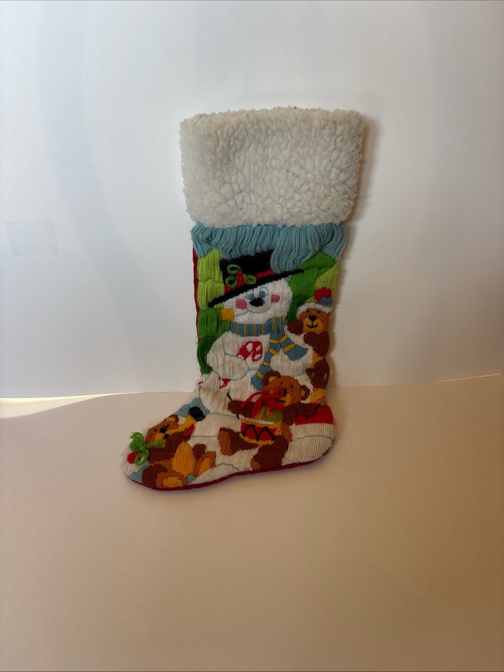 Vintage needlepoint Christmas Teddy & Snowman Holiday Stocking - White Cuff